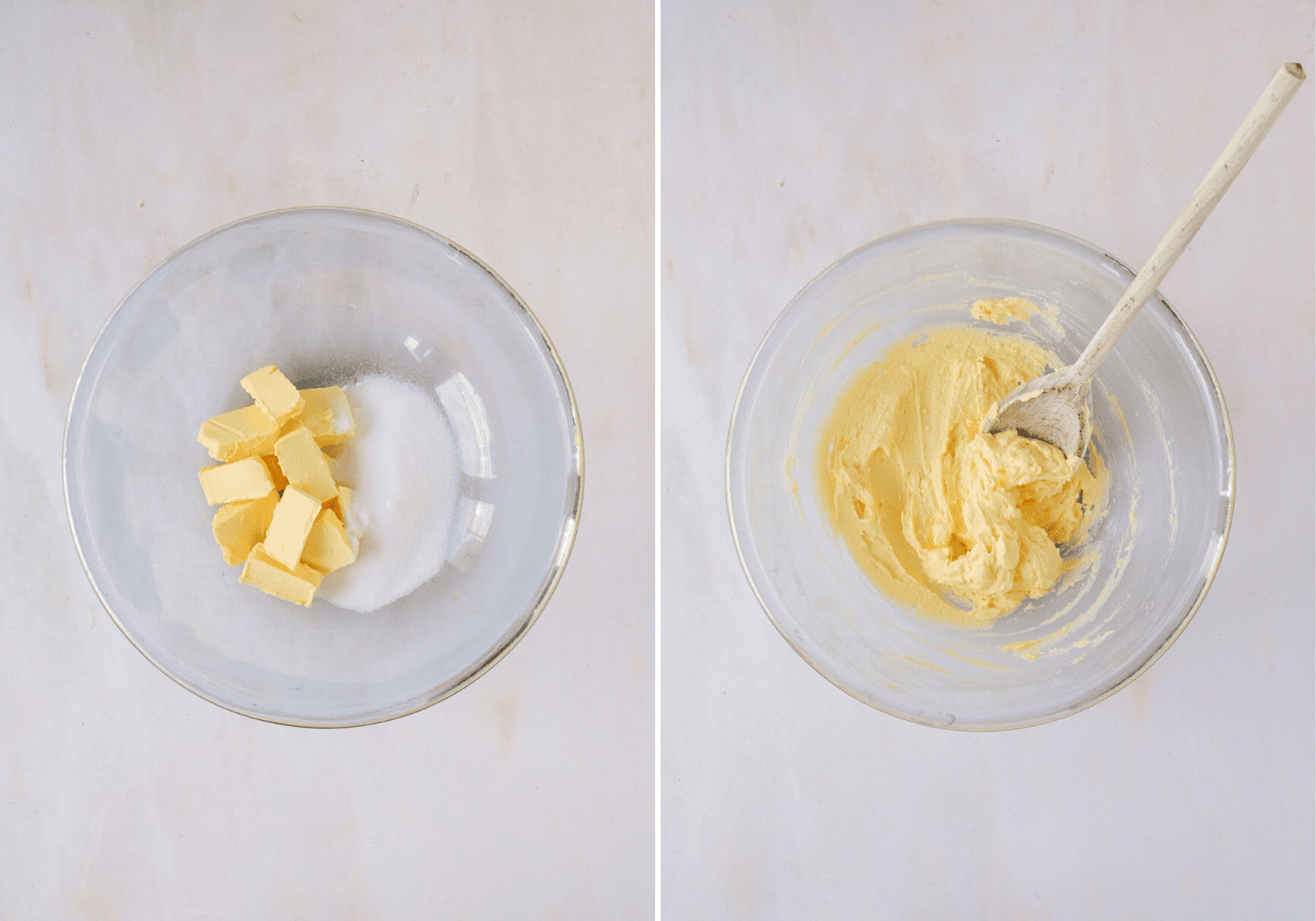 Butter and caster sugar before and after creaming until light and fluffy.