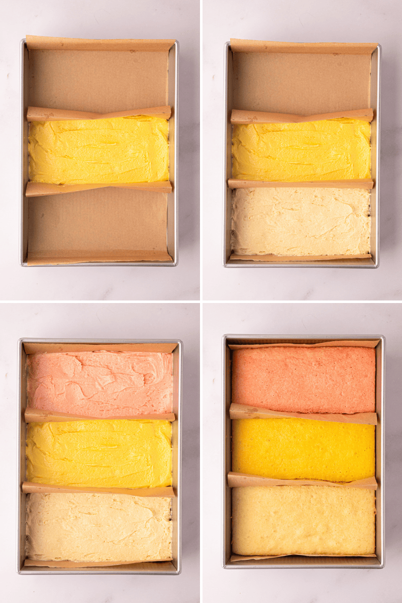 Pink, yellow and plain Angel Cake batter added to the three sections of the baking tin and baked.