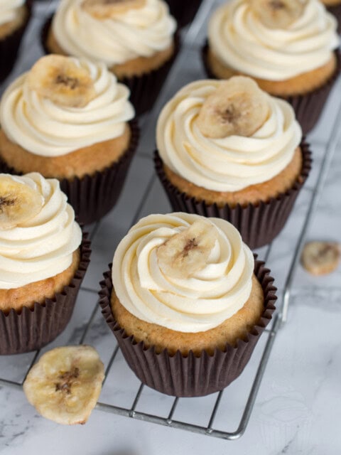 Banana cupcakes, similar to banana loaf but lighter in texture and with a vanilla buttercream finish.