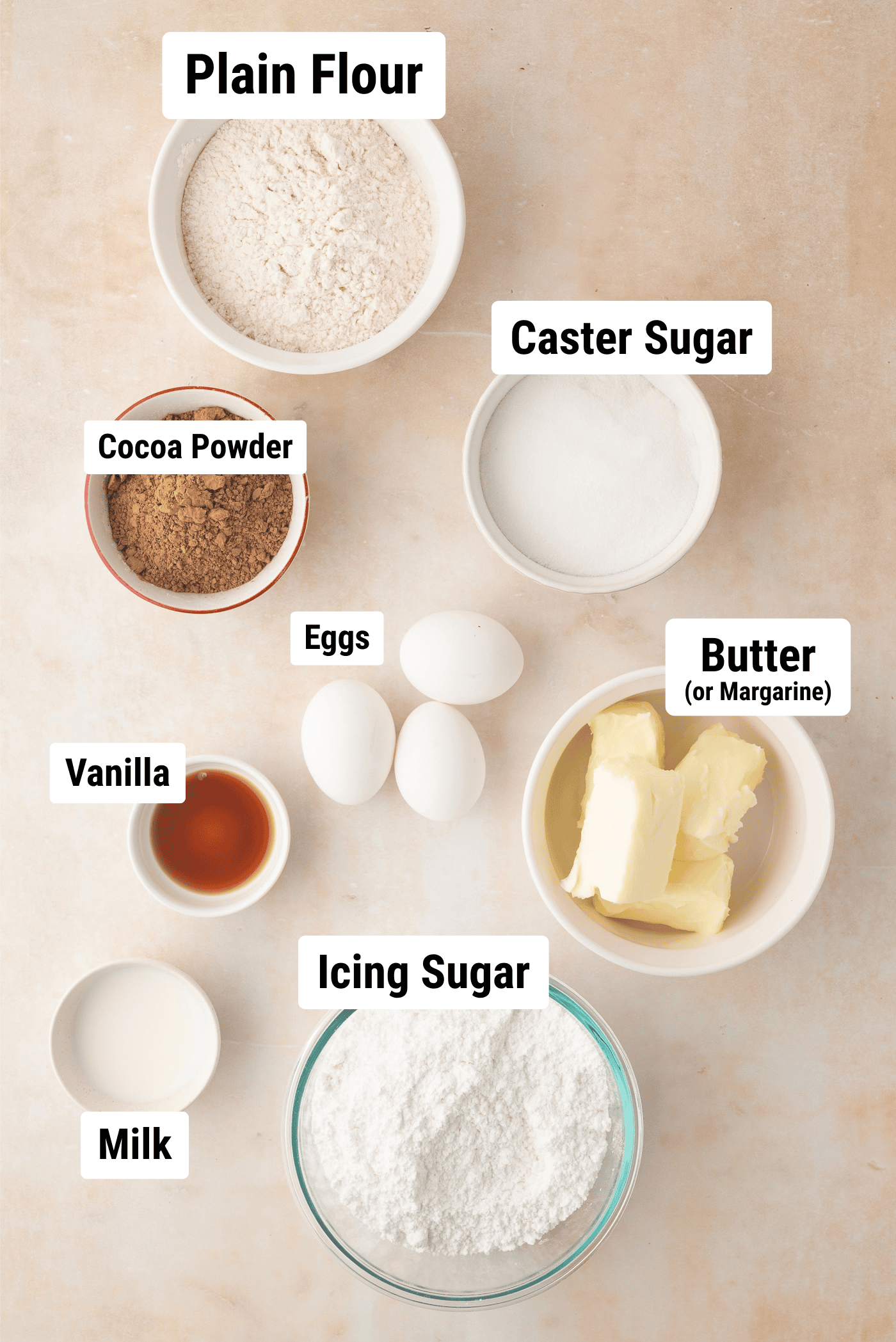 Ingredients for a chocolate Yule Log including flour, caster sugar, cocoa powder, eggs, vanilla, margarine or butter, icing sugar and milk.
