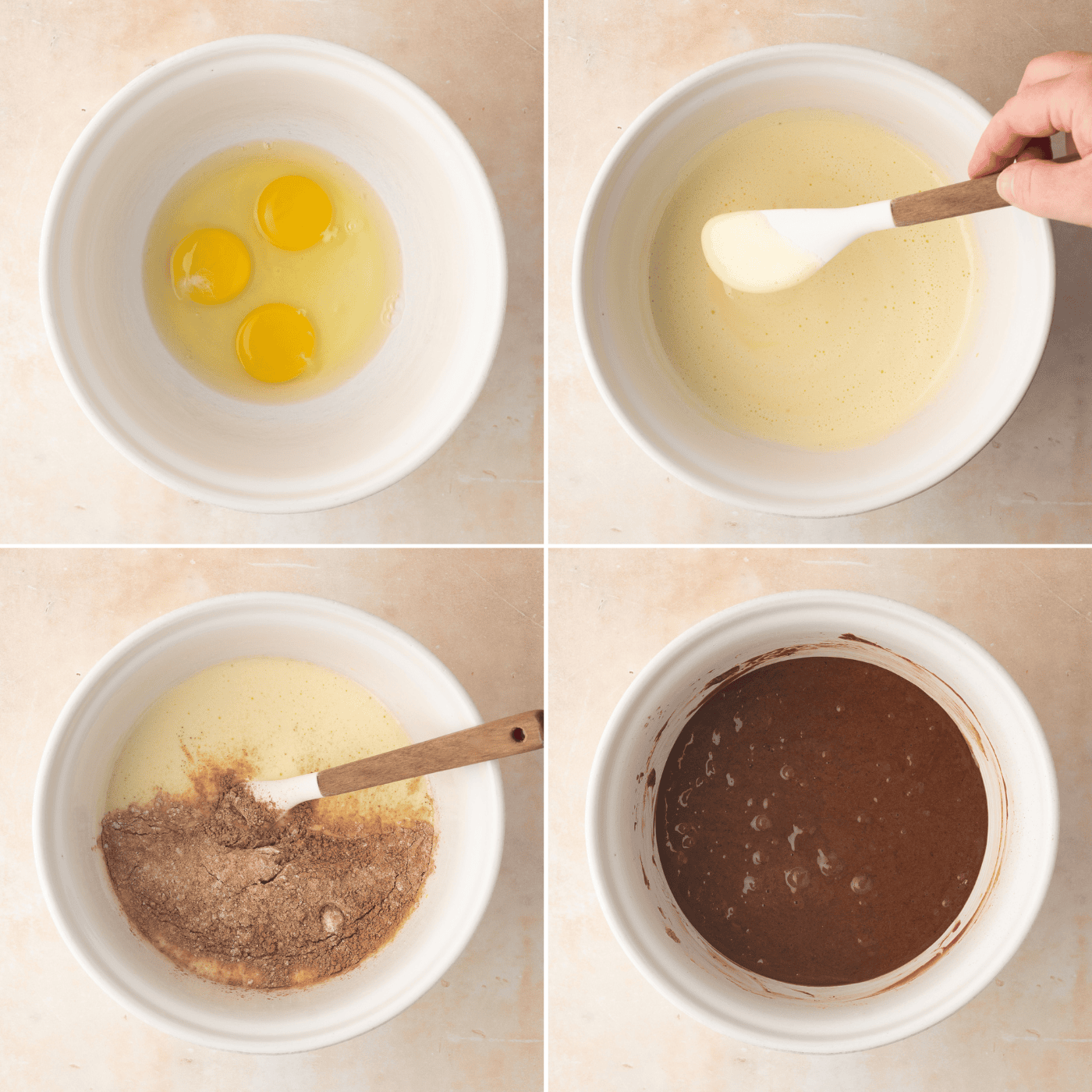 Step-by-step collage showing eggs and sugar being whisked and the chocolate cake batter being prepared.