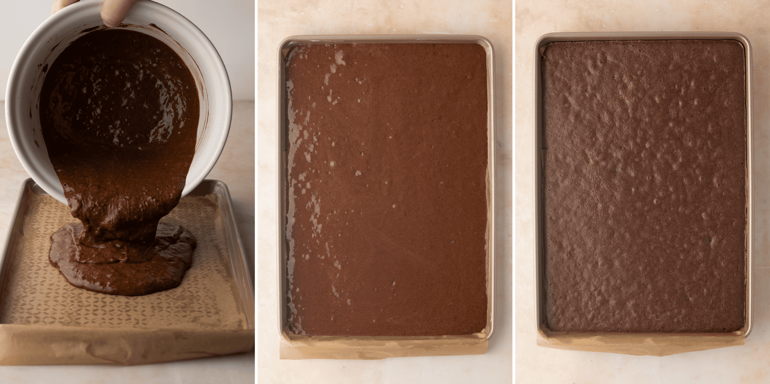 Step-by-step collage showing chocolate cake batter being spread into a lined Swiss roll tin and baked.