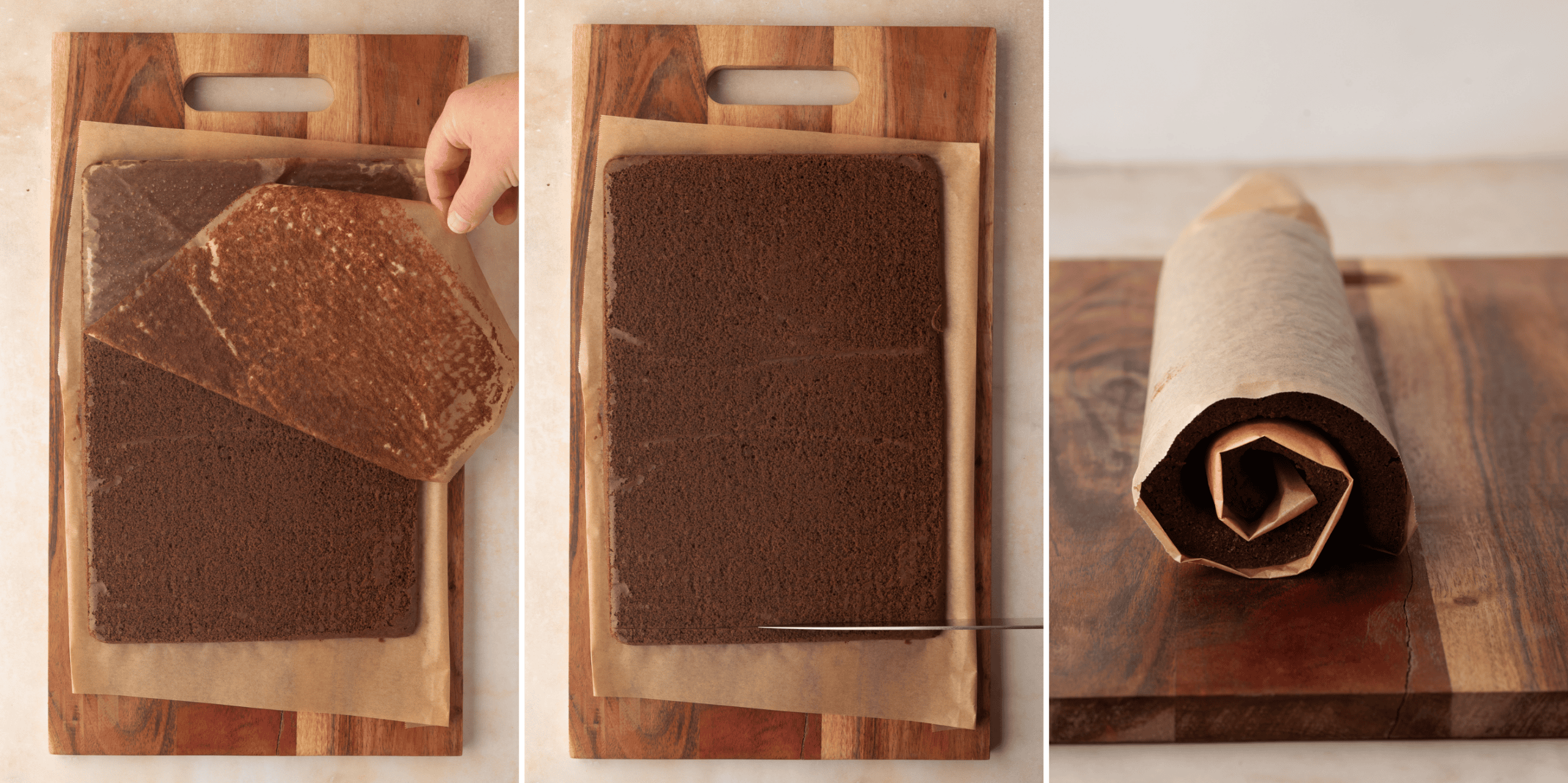 Step-by-step collage showing the baked chocolate sponge being turned out, trimmed and rolled while warm.