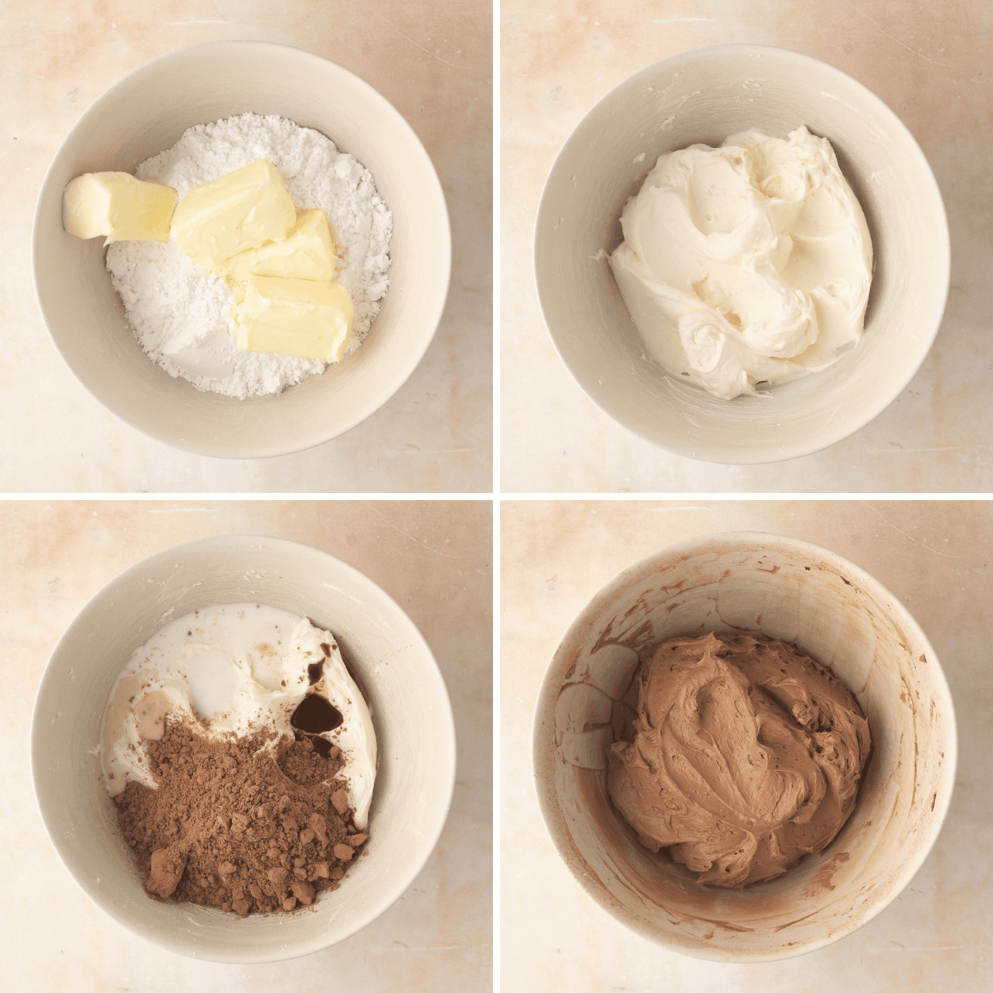 Step-by-step collage showing chocolate buttercream being prepared and spread over the cooled sponge.