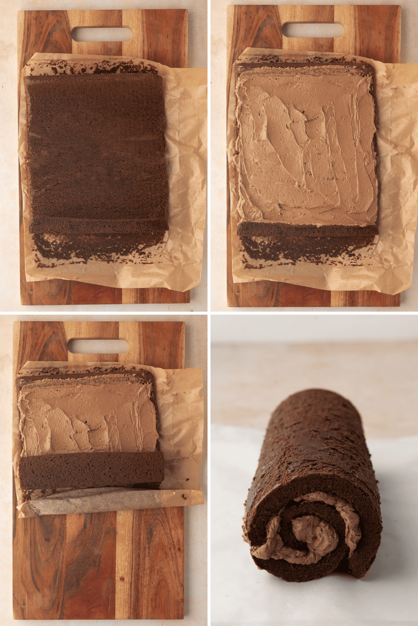 Step-by-step collage showing the baked chocolate sponge being turned out, trimmed and rolled while warm.