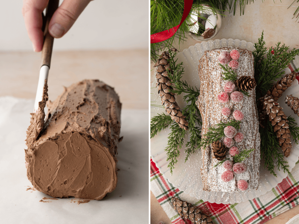Step-by-step collage showing the Yule Log being covered with buttercream and textured with a fork.