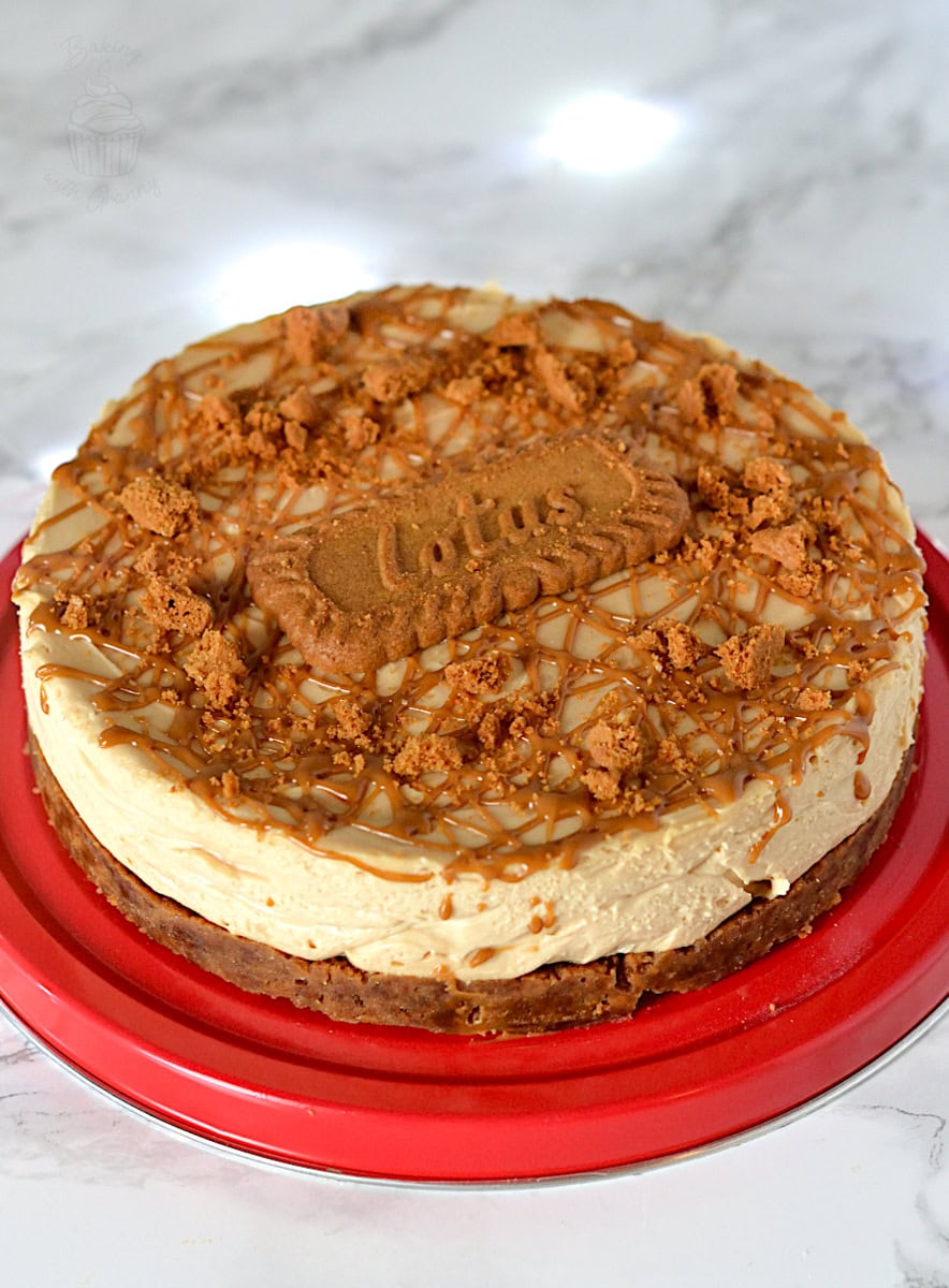 No-bake Biscoff cheesecake topped with a whole Lotus biscuit, Biscoff drizzle and crushed Biscoff crumbs.