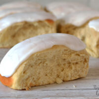 Iced Finger Buns recipe from Baking with Granny. Sweet yeast dough, topped with icing.