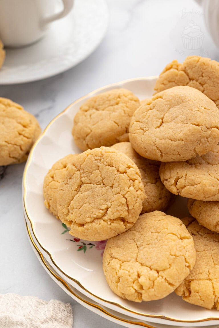 Plate of homemade gingernut biscuits stacked on a floral china plate.