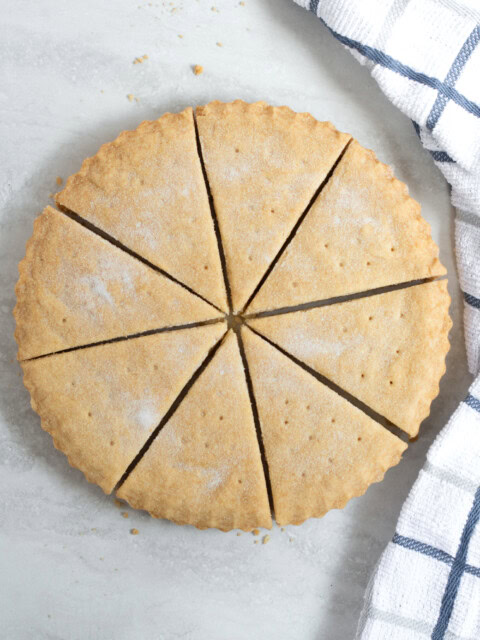 Petticoat Tails Shortbread, baked in a tart tin and cut into triangles.