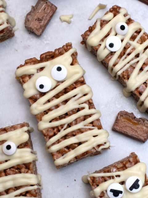 Mummy Mars Bar Slice, a Halloween twist on the classic Scottish tray bake.