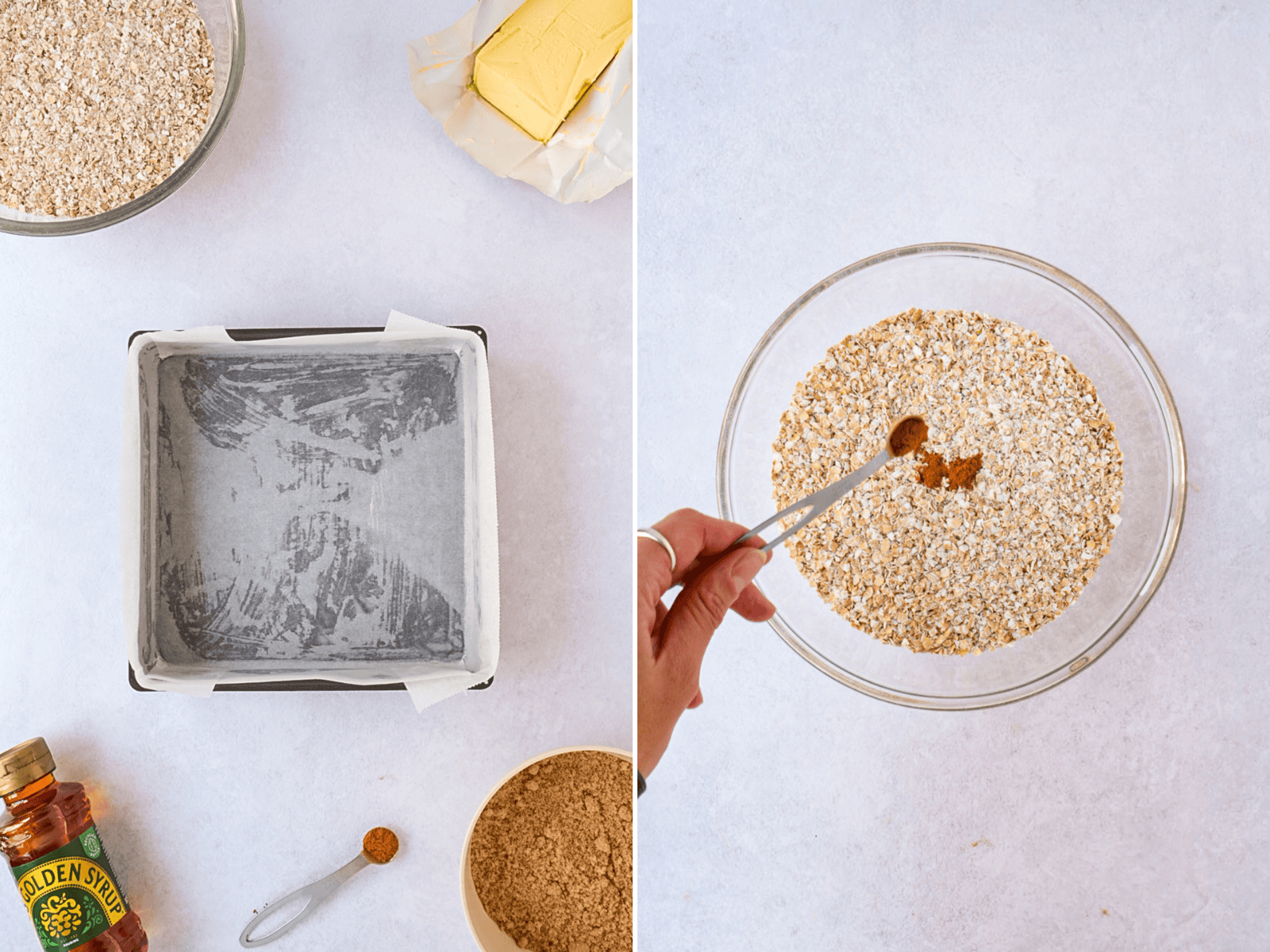 Prepared flapjack tin beside porridge oats being mixed with ground cinnamon.