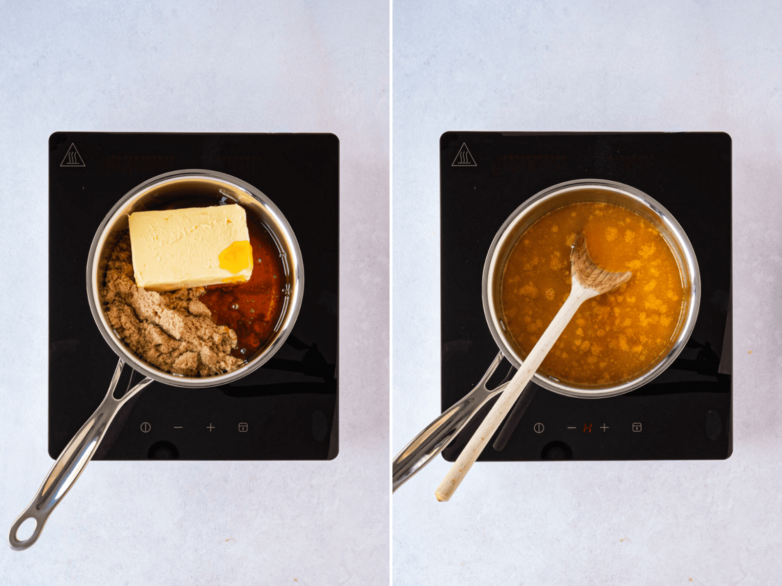 Butter, brown sugar and golden syrup before and after melting together in a saucepan.