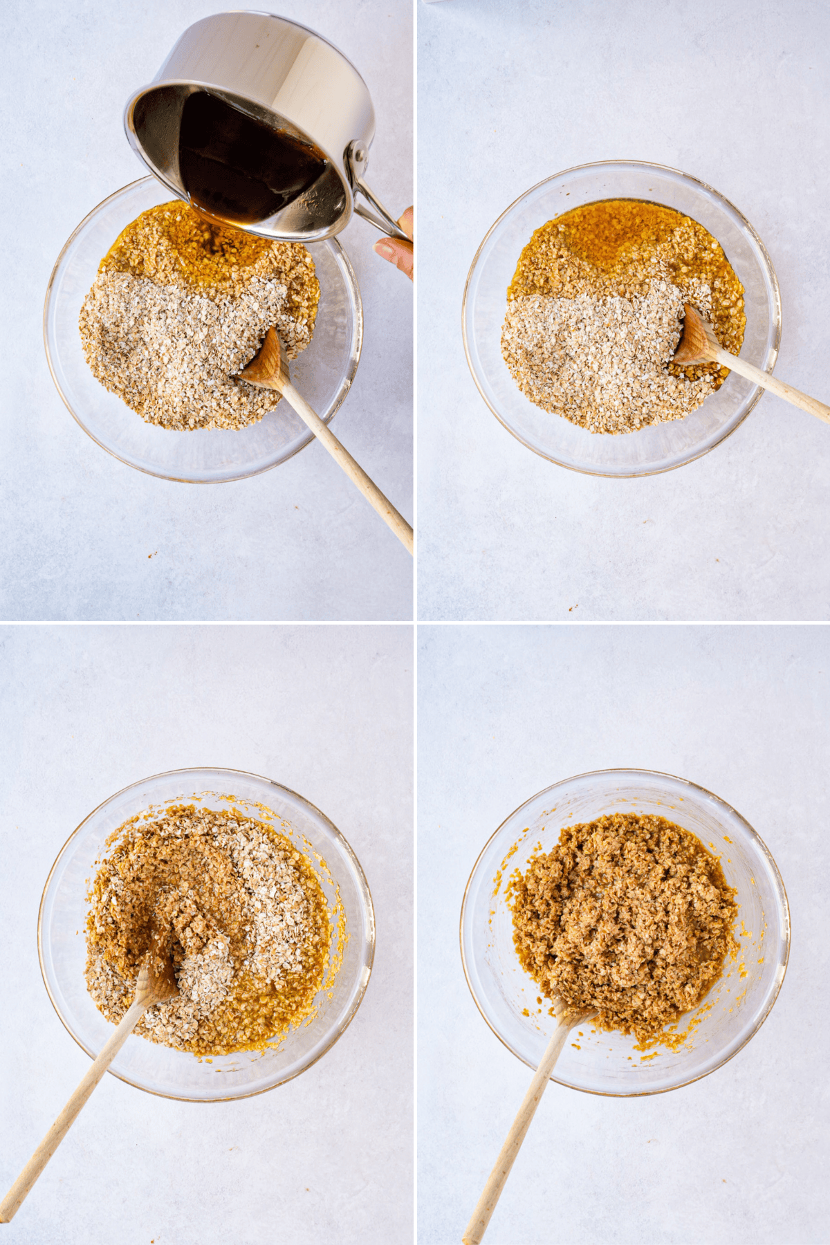 Melted butter and syrup mixture being poured over oats and stirred until evenly coated.