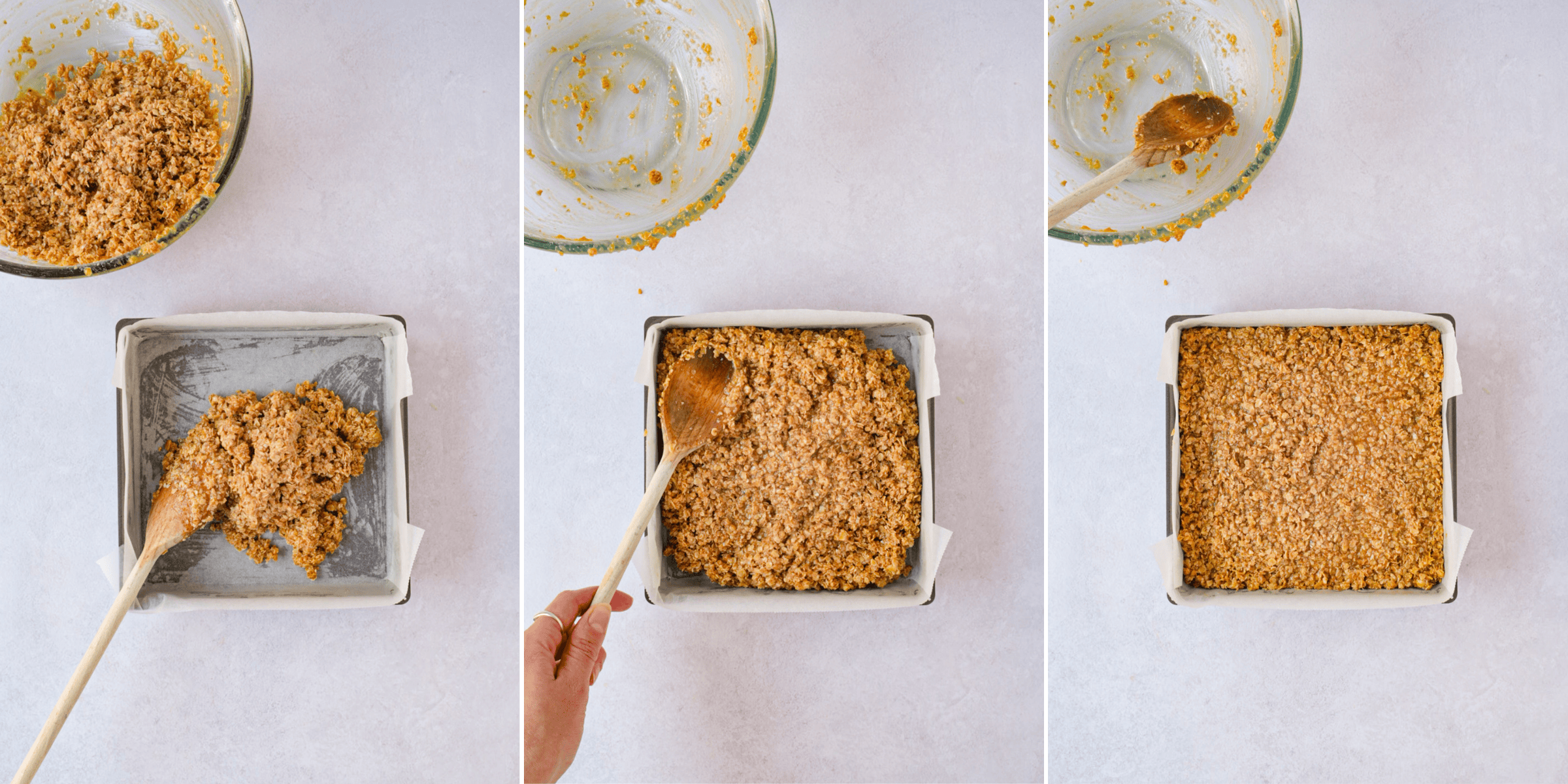 Flapjack mixture transferred to the lined tin, spread out and pressed firmly into the corners.