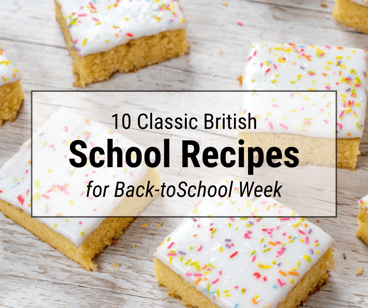 Iced School Cake squares topped with colourful sprinkles on a wooden surface, with text overlay reading “10 Classic British School Recipes for Back-to-School Week.