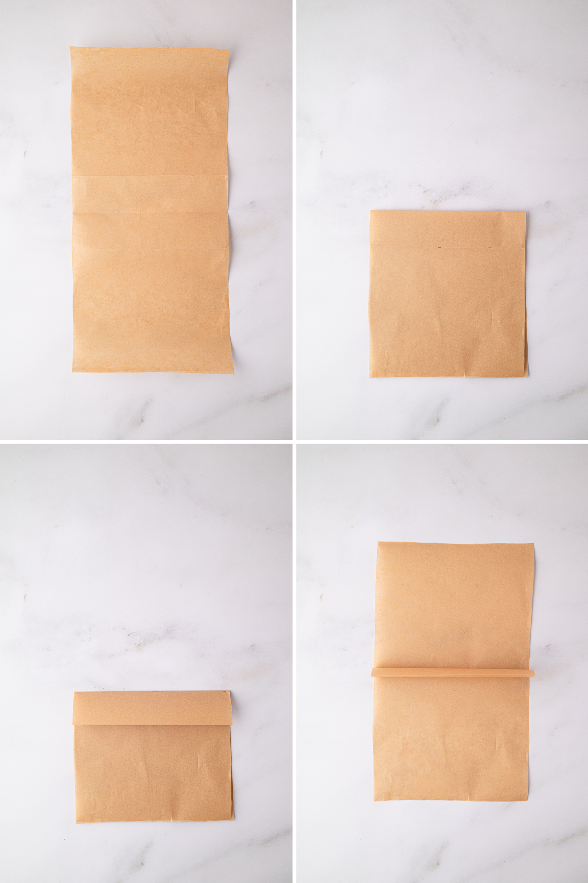 Steps for folding a greaseproof paper divider for a Battenberg cake tin.