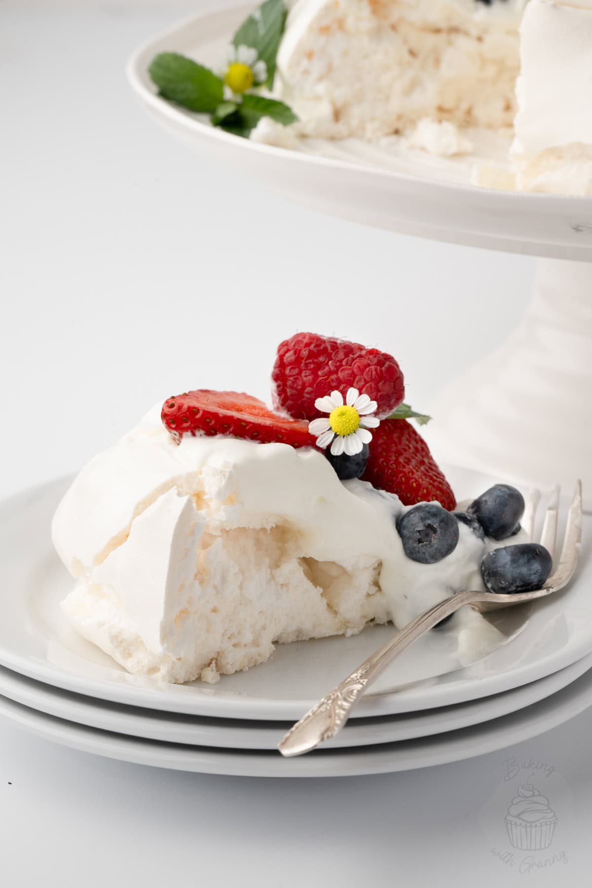 Slice of Pavlova showing the crisp shell and soft marshmallow centre.