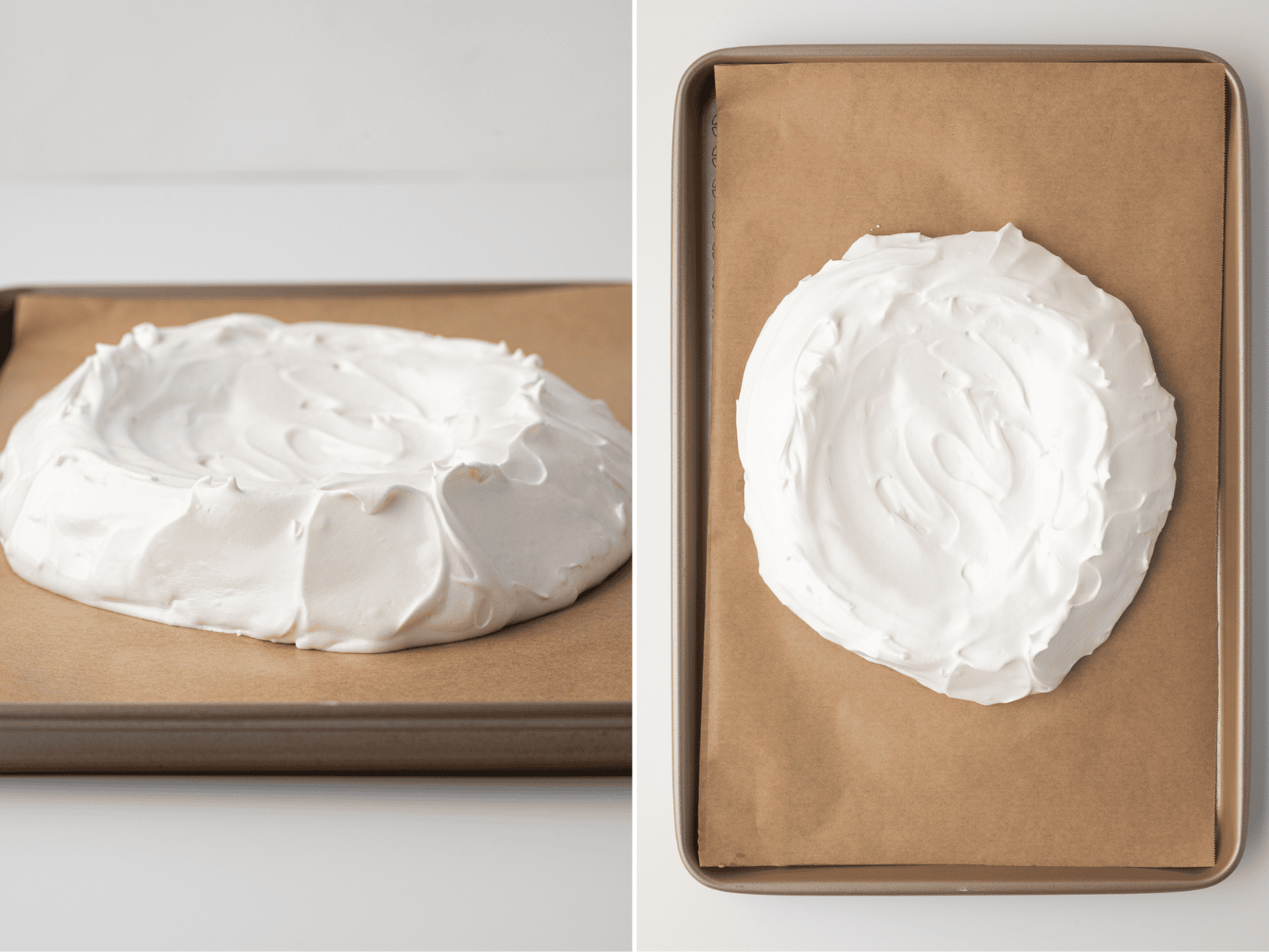 Side and overhead views of Pavlova meringue shaped with a shallow centre.