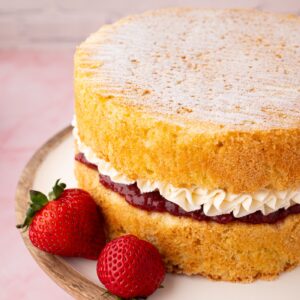 Victoria sponge cake filled with jam and buttercream, dusted with icing sugar.