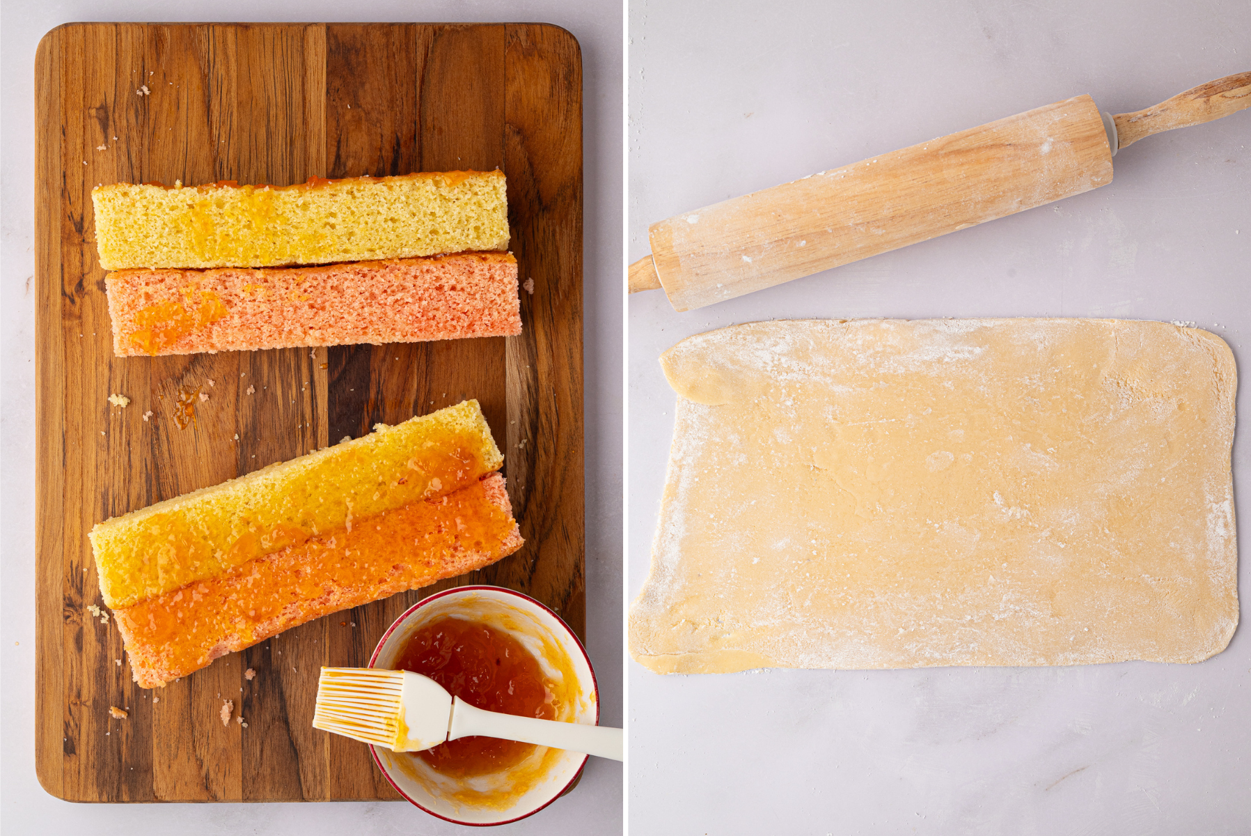 Battenberg sponge strips brushed with apricot jam and arranged in a checkerboard, ready for marzipan.