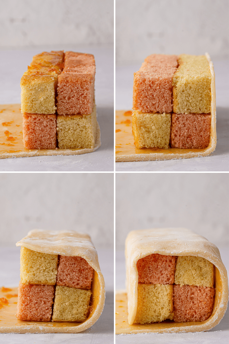 Battenberg cake being wrapped in rolled marzipan.