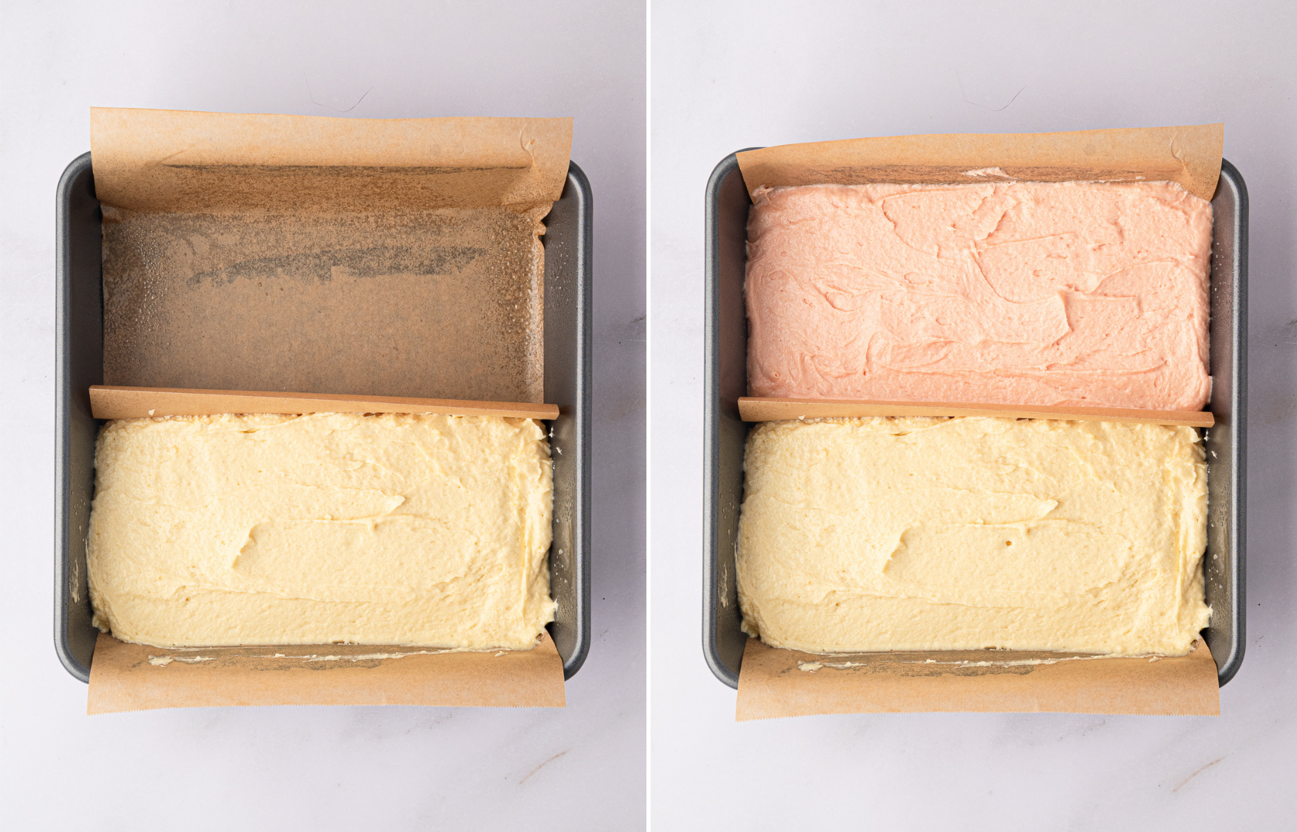 Plain and pink Battenberg cake batter added to each side of the divided tin.