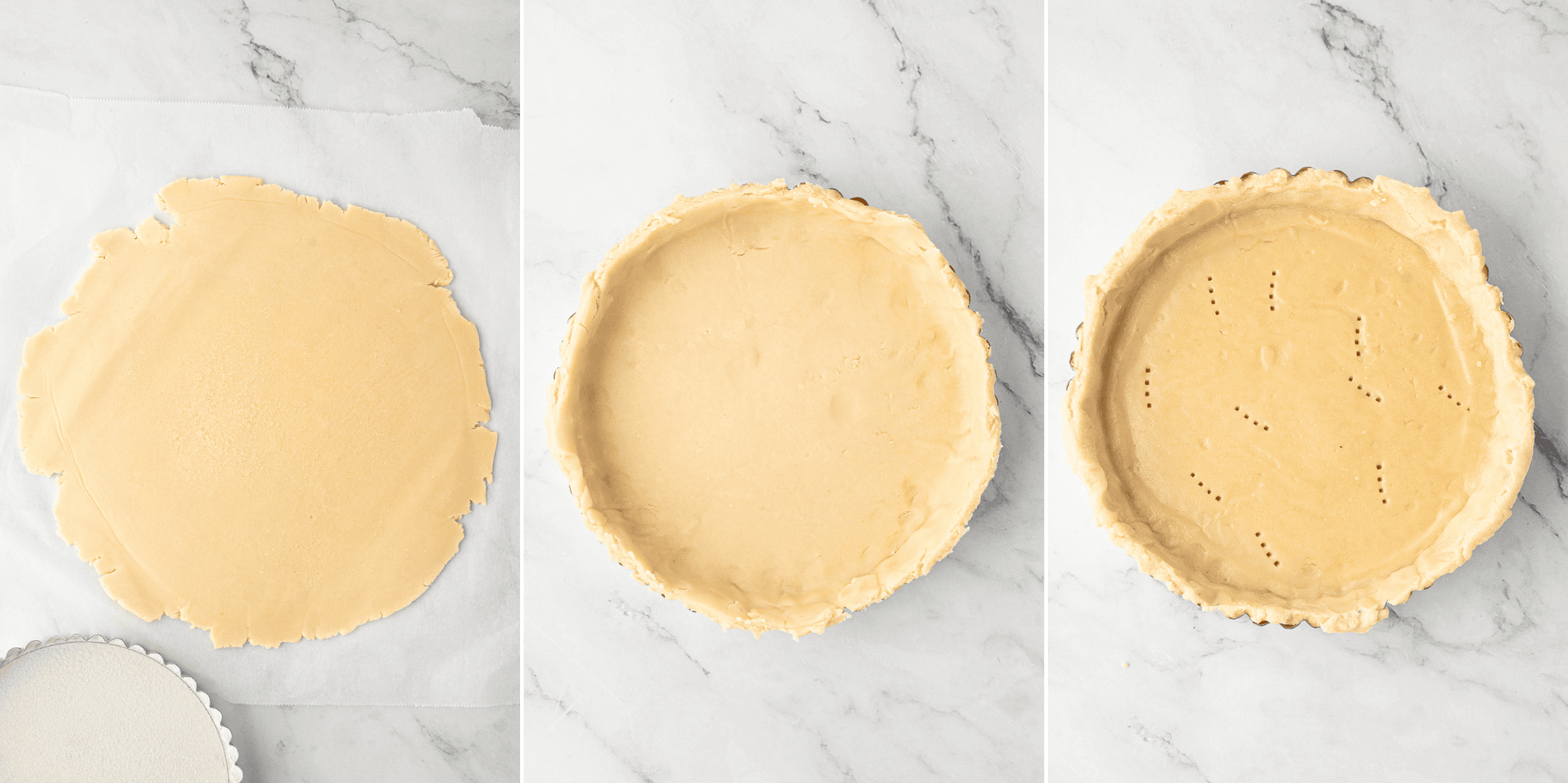 Steps showing sweet pastry being rolled, shaped into a tart tin and pricked with a fork